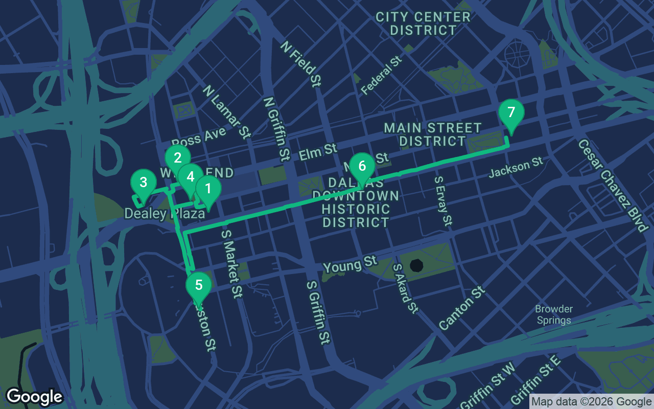 Map of the walking route through Dallas, United States