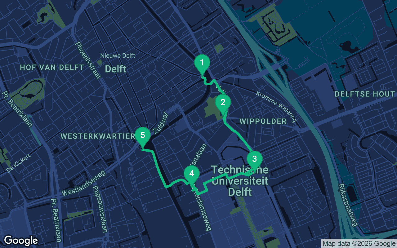 Map of the walking route through Delft, Netherlands