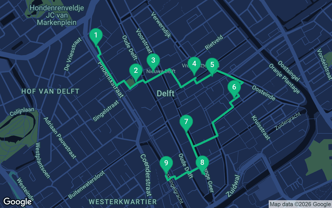 Karte der Spazierroute durch Delft, Netherlands