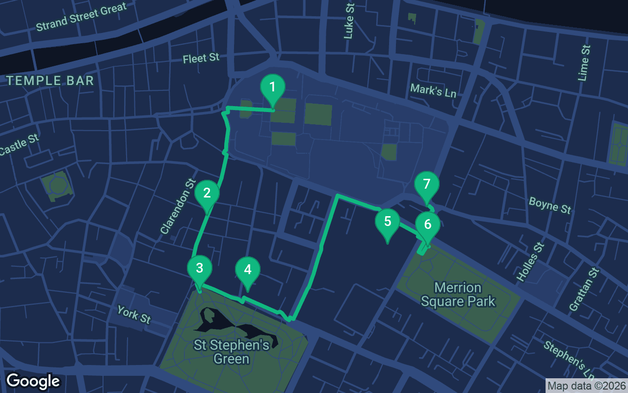 Map of the walking route through Dublin, Ireland