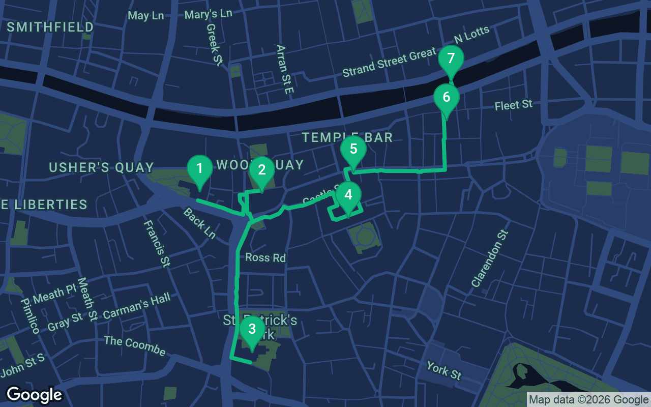 Map of the walking route through Dublin, Ireland