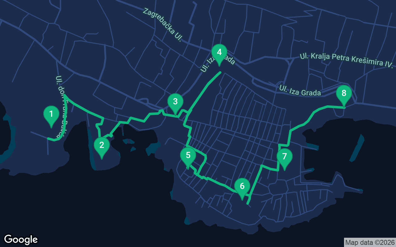 Map of the walking route through Dubrovnik, Croatia