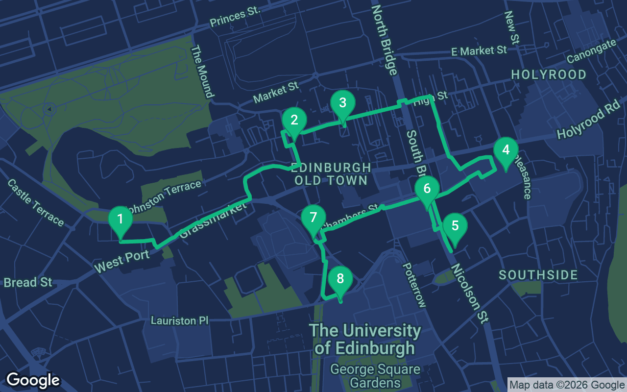 Map of the walking route through Edinburgh, United Kingdom