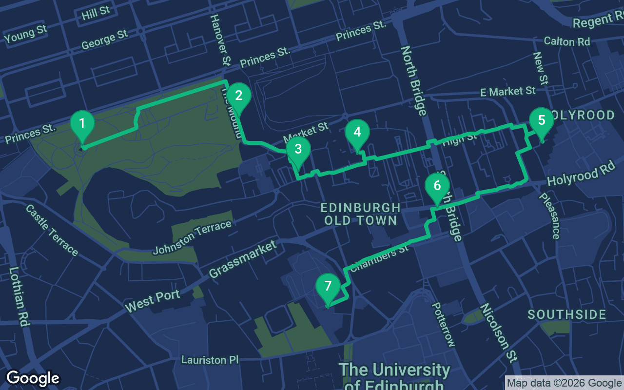 Map of the walking route through Edinburgh, United Kingdom