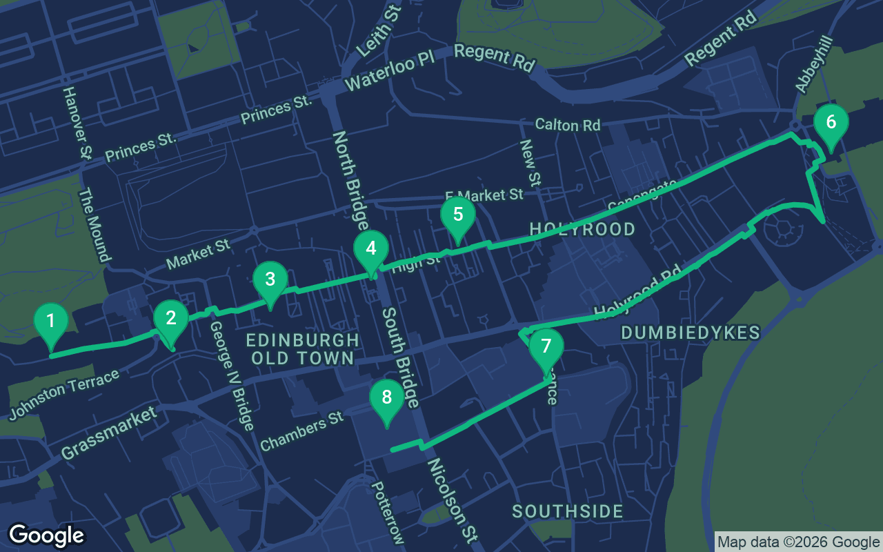 Map of the walking route through Edinburgh, United Kingdom