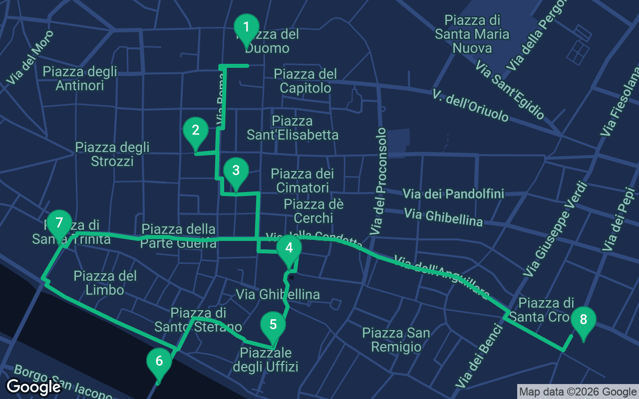 Map of the walking route through Florence, Italy