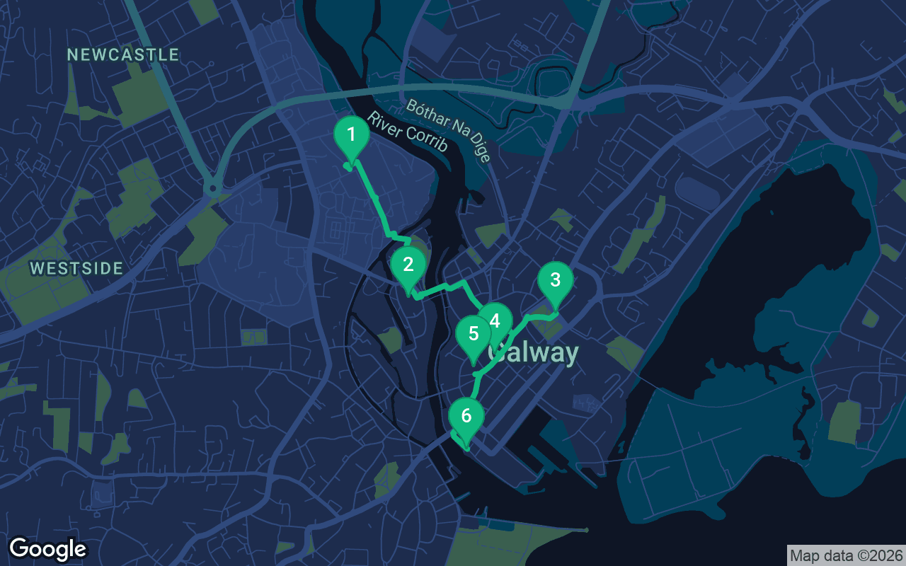 Map of the walking route through Galway, Ireland
