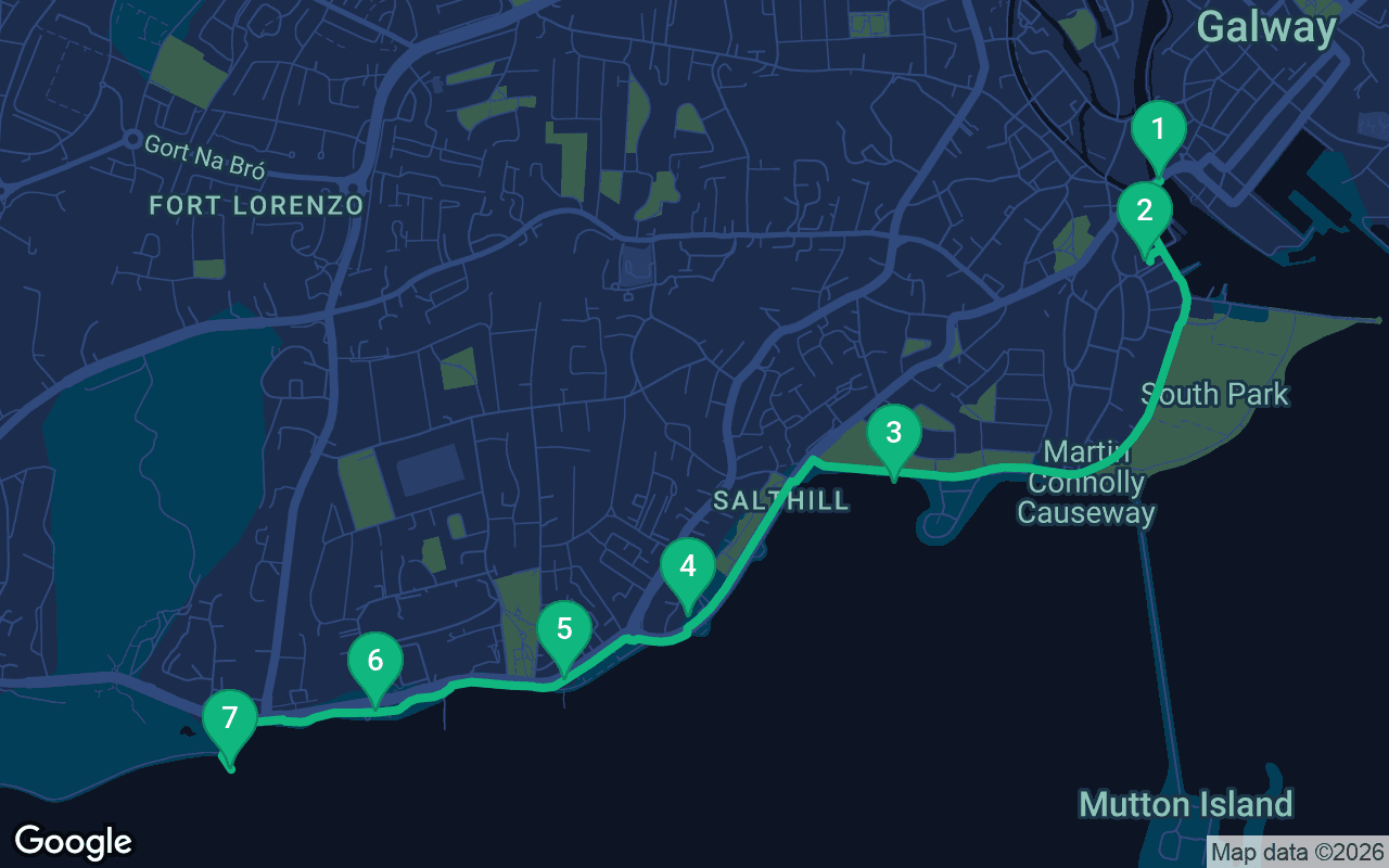 Map of the walking route through Galway, Ireland