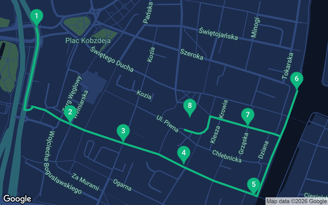 Map of the walking route through Gdansk, Poland