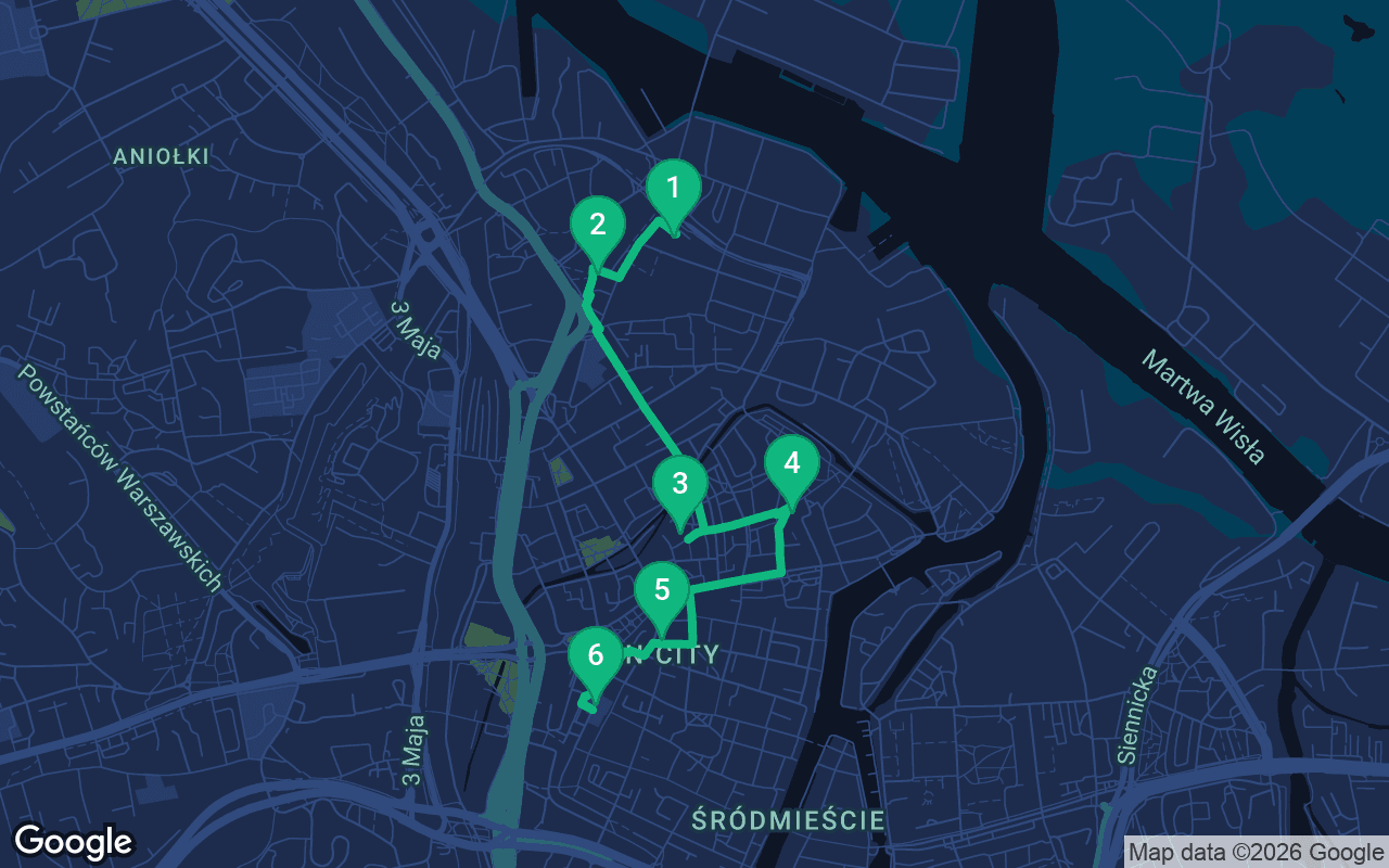 Map of the walking route through Gdansk, Poland