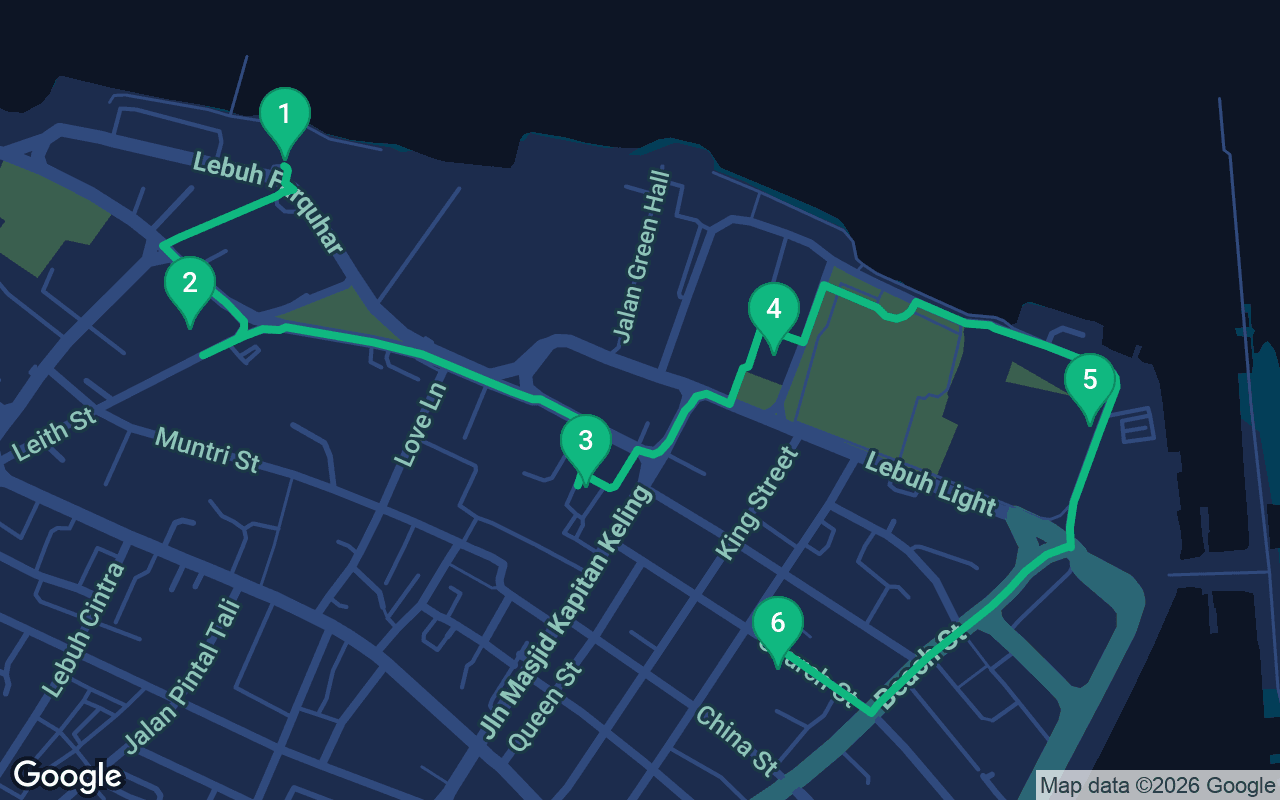 Map of the walking route through George Town, Malaysia