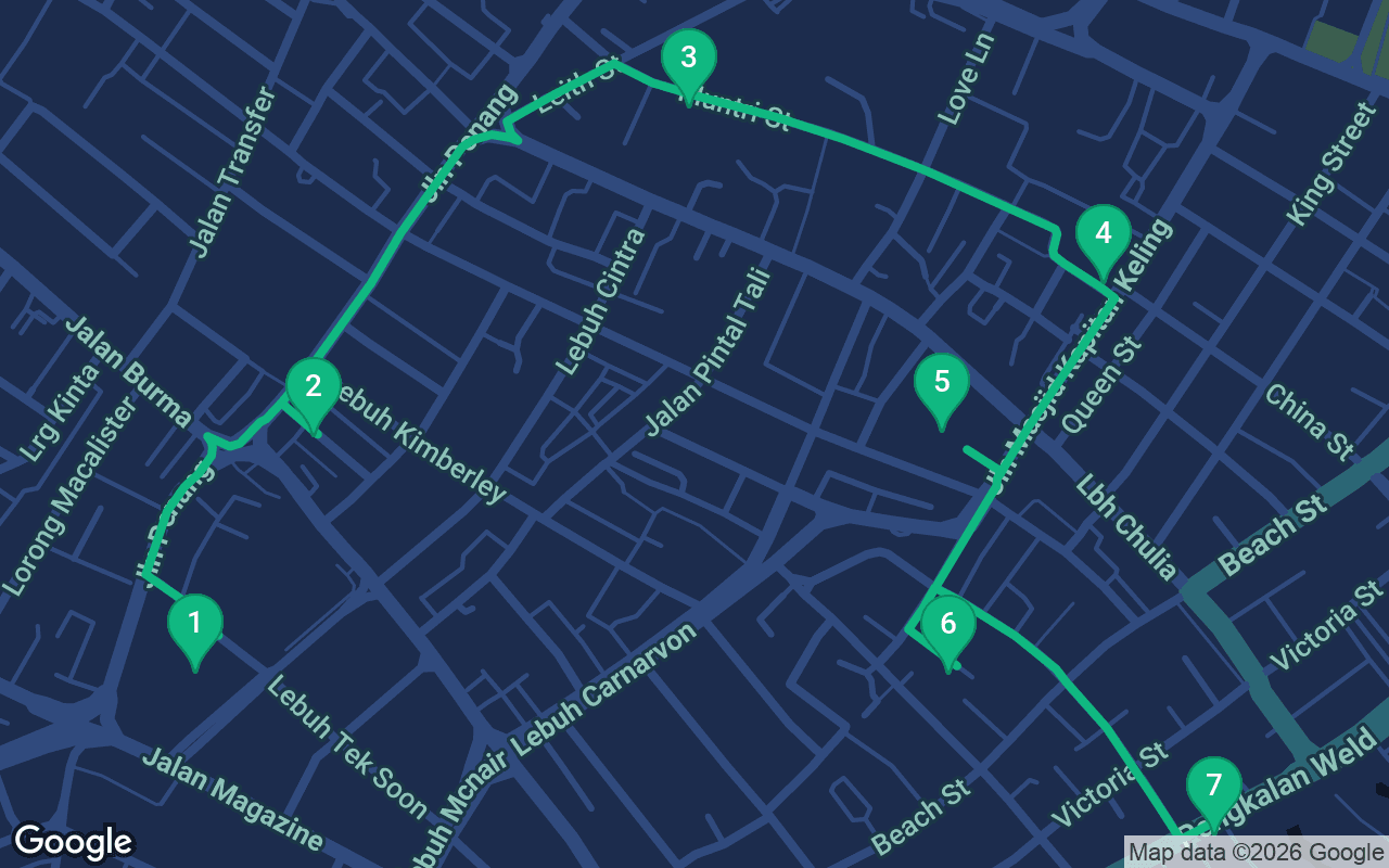 Map of the walking route through George Town, Malaysia