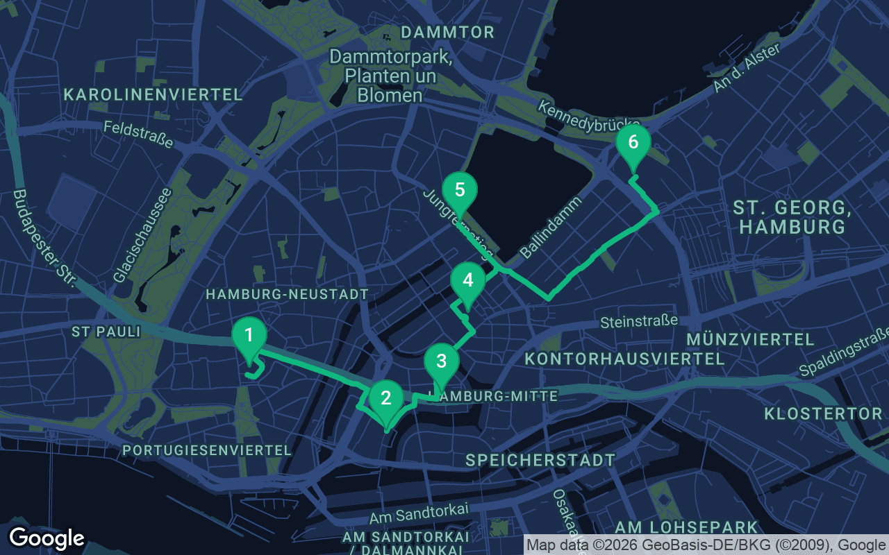 Map of the walking route through Hamburg, Germany