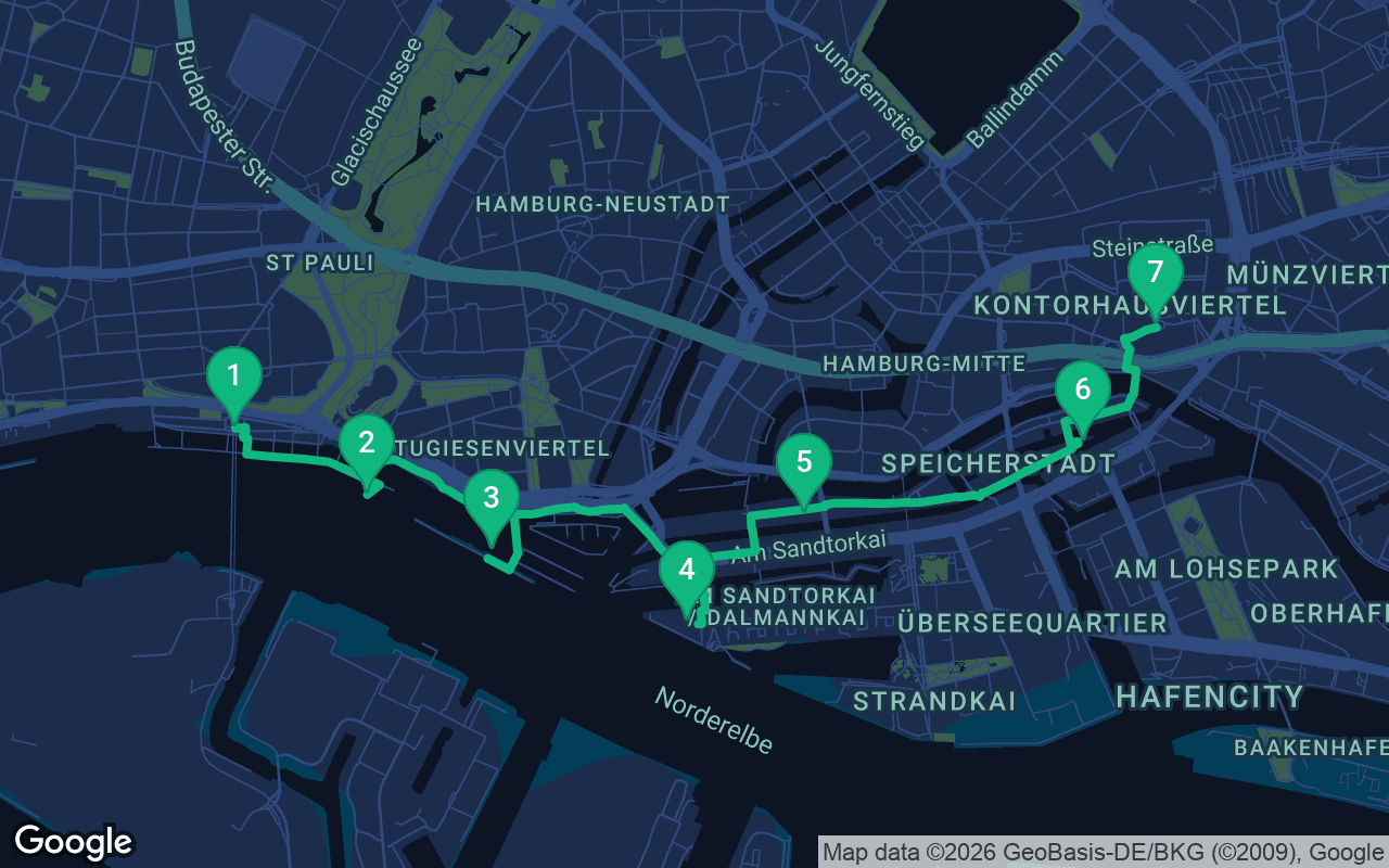 Mapa de la ruta del paseo por Hamburg, Germany