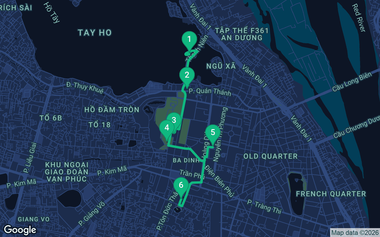 Map of the walking route through Hanoi, Vietnam