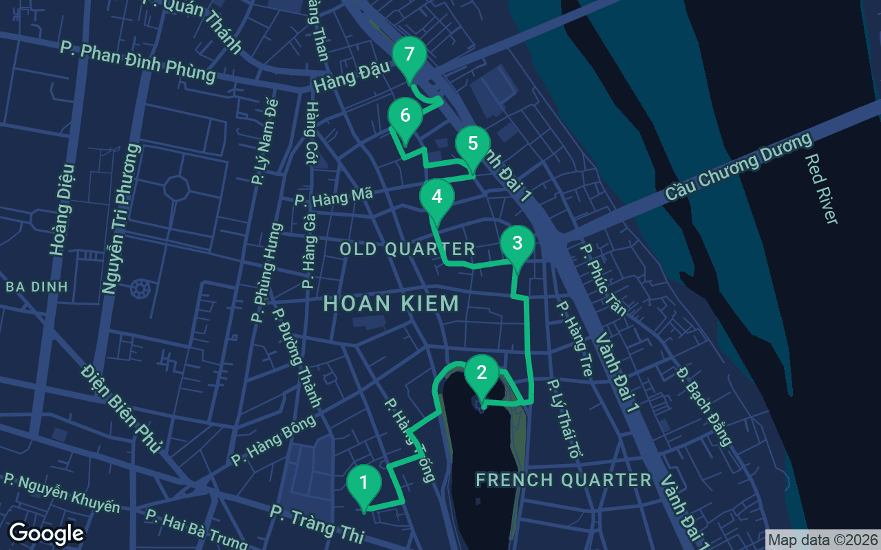 Map of the walking route through Hanoi, Vietnam