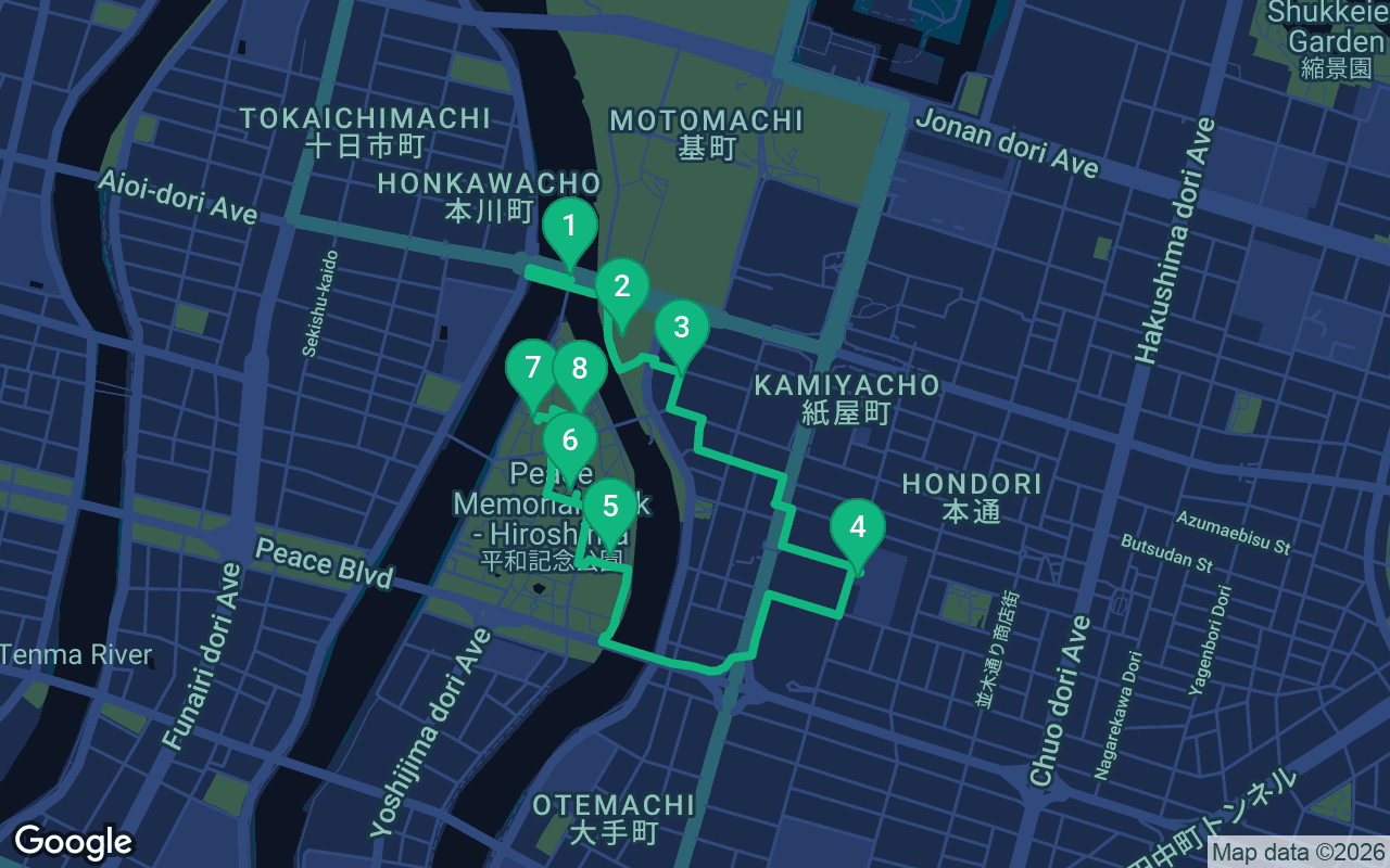 Map of the walking route through Hiroshima, Japan