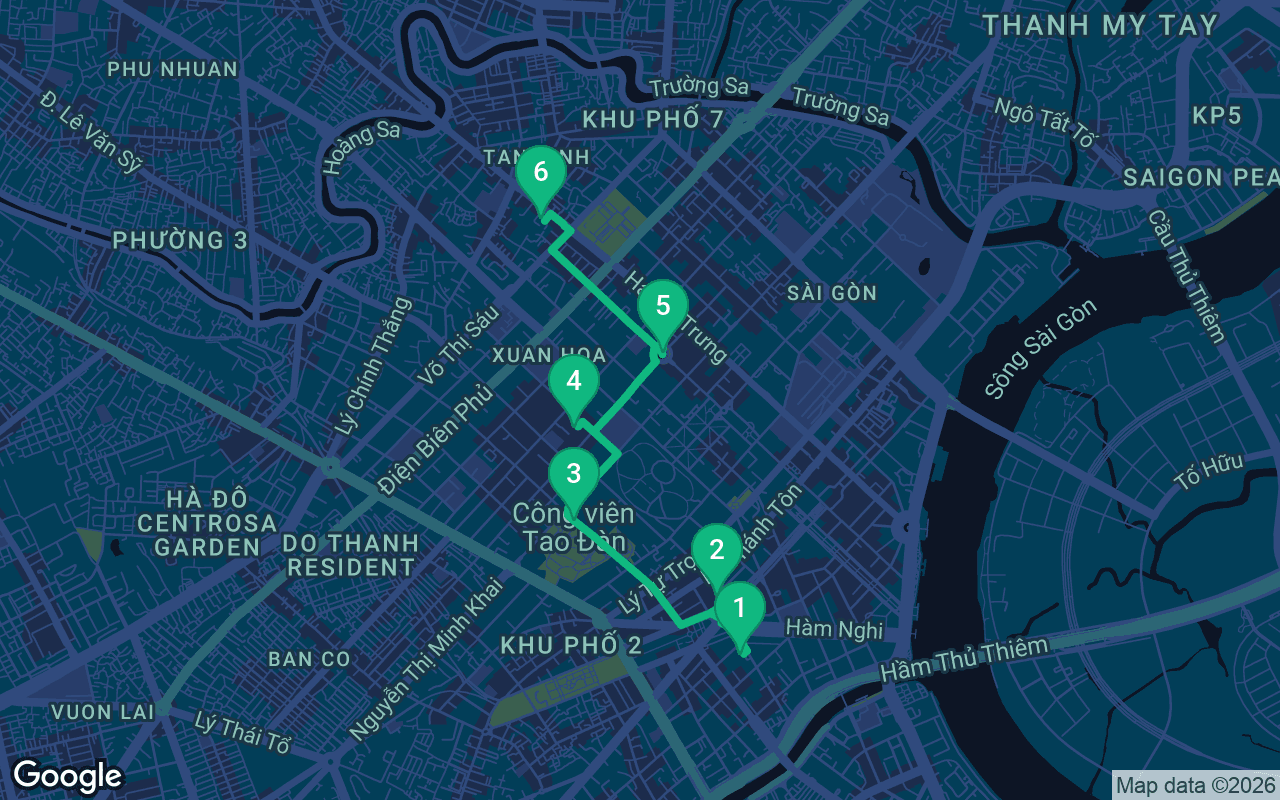 Map of the walking route through Ho Chi Minh City, Vietnam