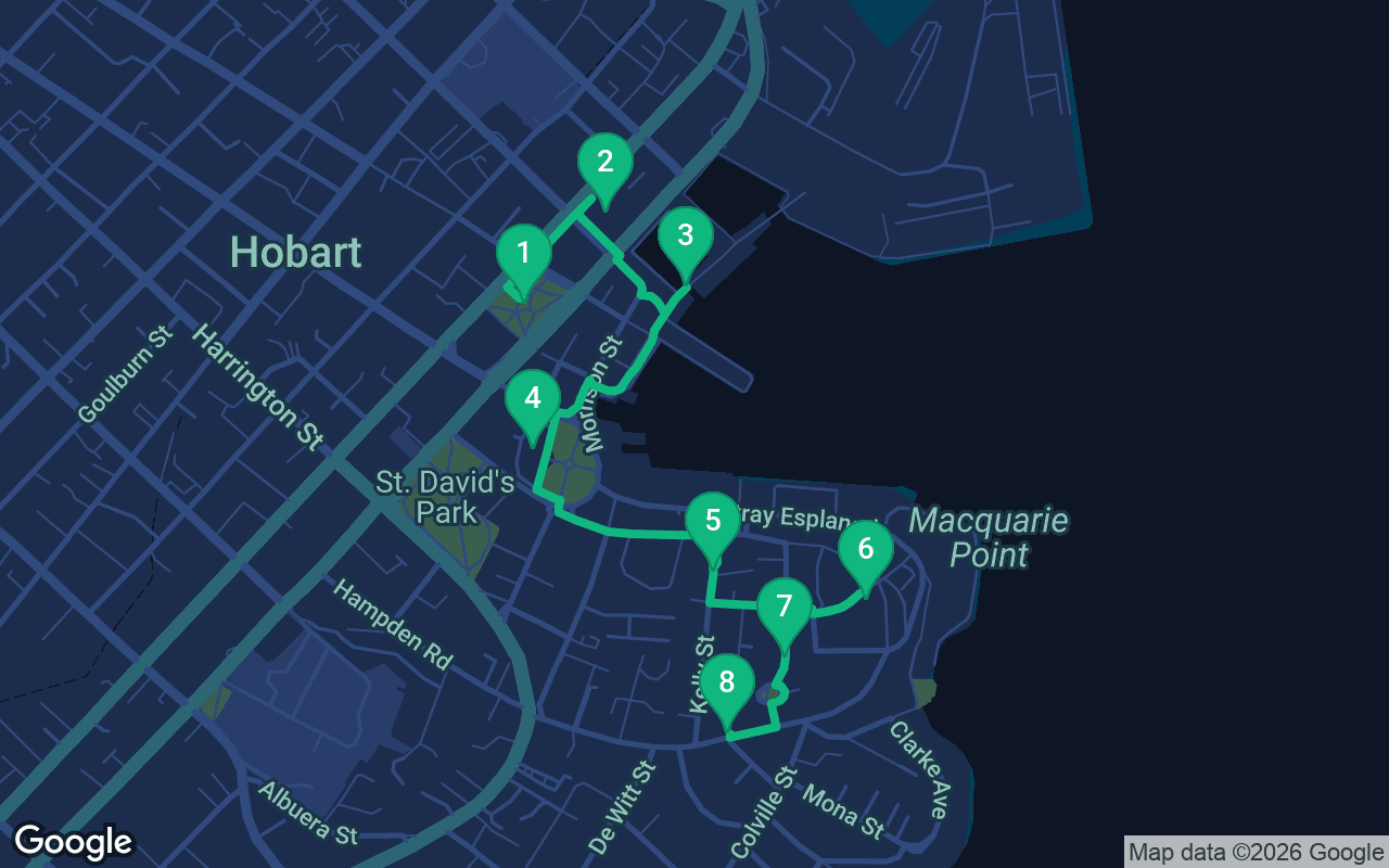Map of the walking route through Hobart, Australia