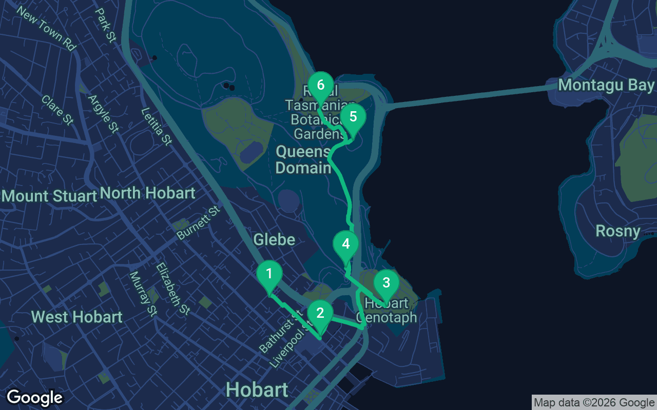 Karte der Spazierroute durch Hobart, Australia