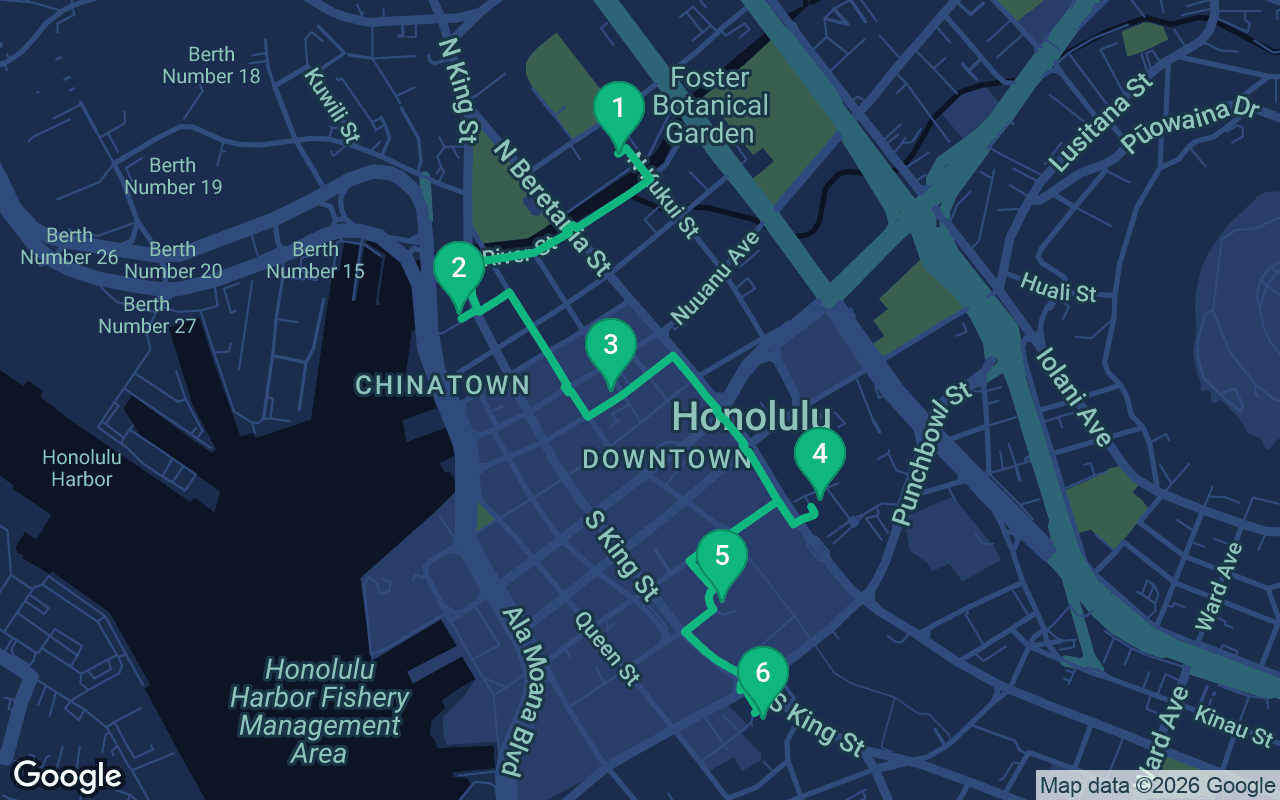 Map of the walking route through Honolulu, United States