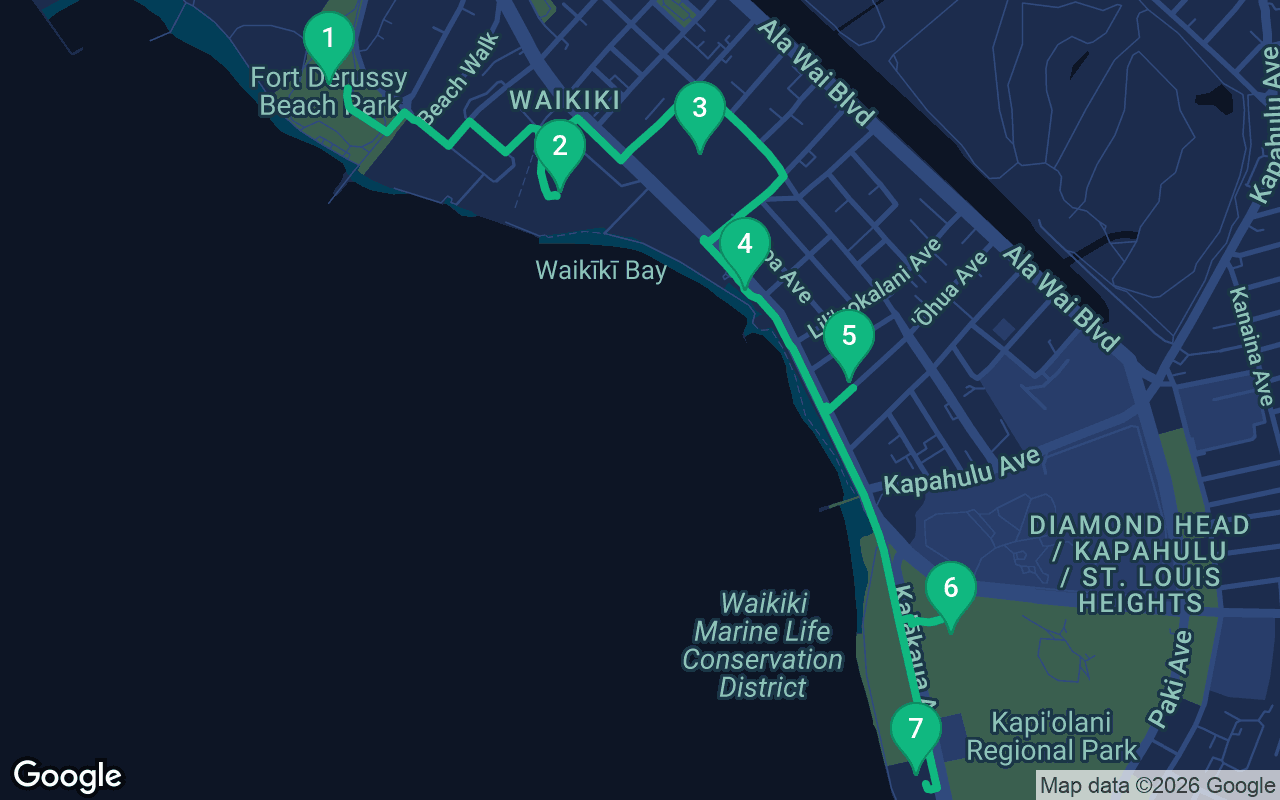 Map of the walking route through Honolulu, United States