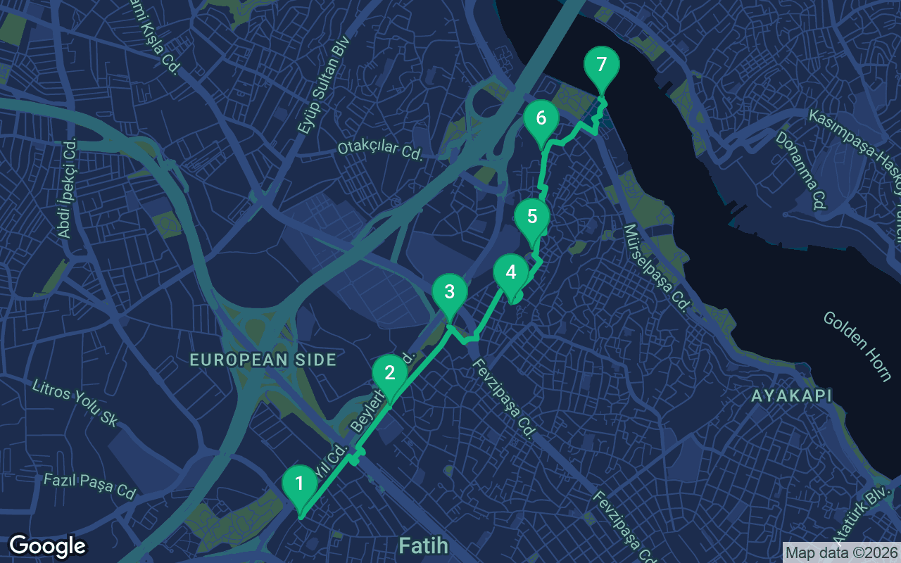 Map of the walking route through Istanbul, Türkiye