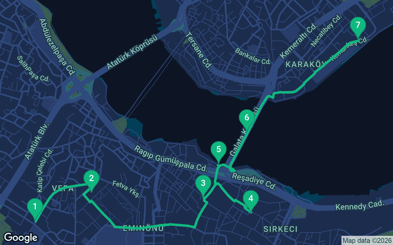 Map of the walking route through Istanbul, Türkiye