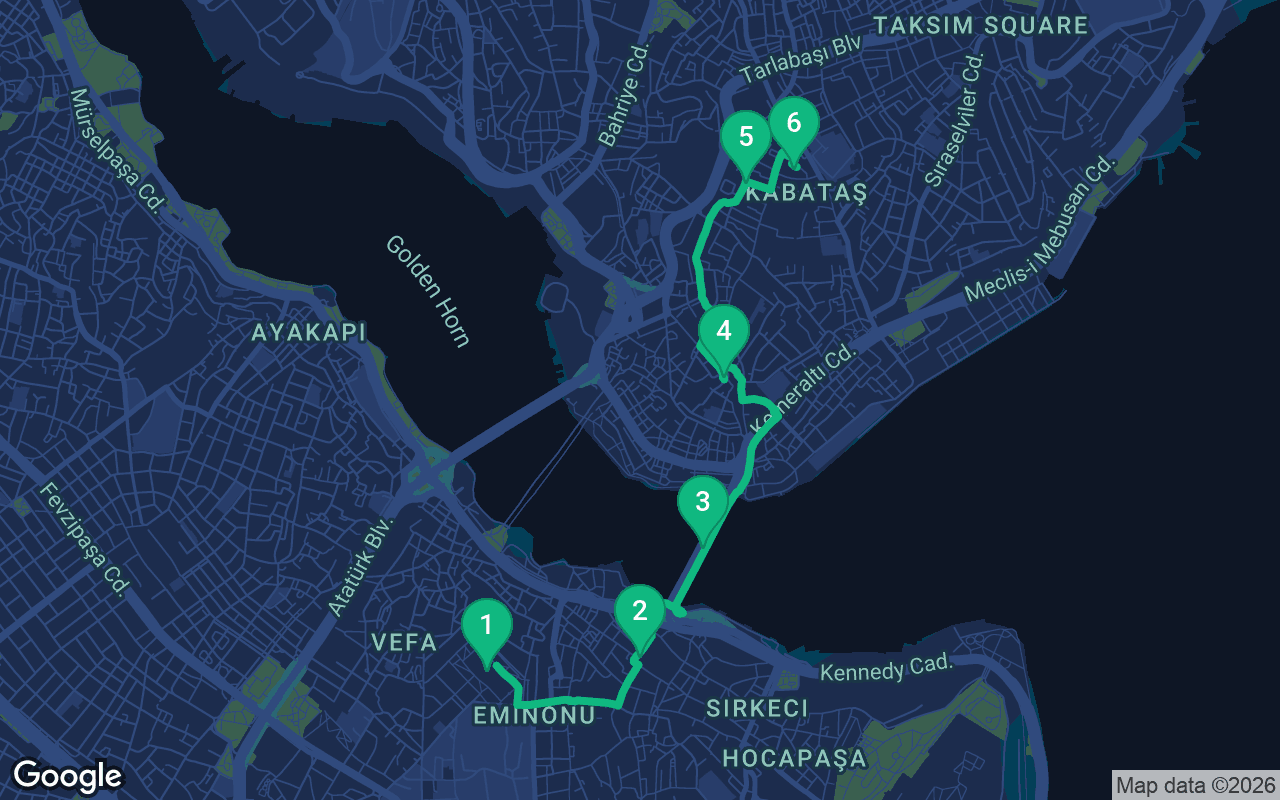 Map of the walking route through Istanbul, Türkiye