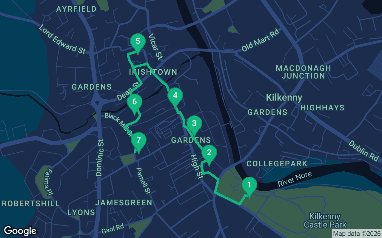 Map of the walking route through Kilkenny, Ireland