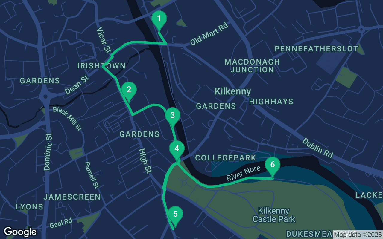 Map of the walking route through Kilkenny, Ireland