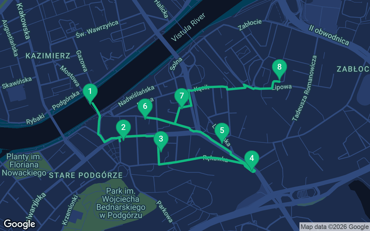 Map of the walking route through Krakow, Poland