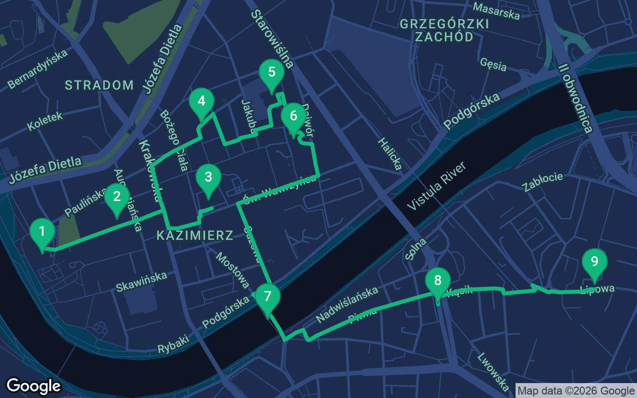 Map of the walking route through Krakow, Poland