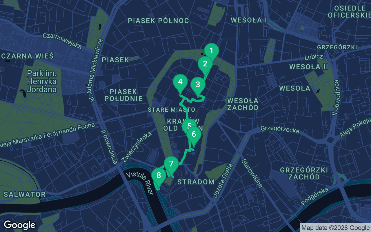 Map of the walking route through Krakow, Poland