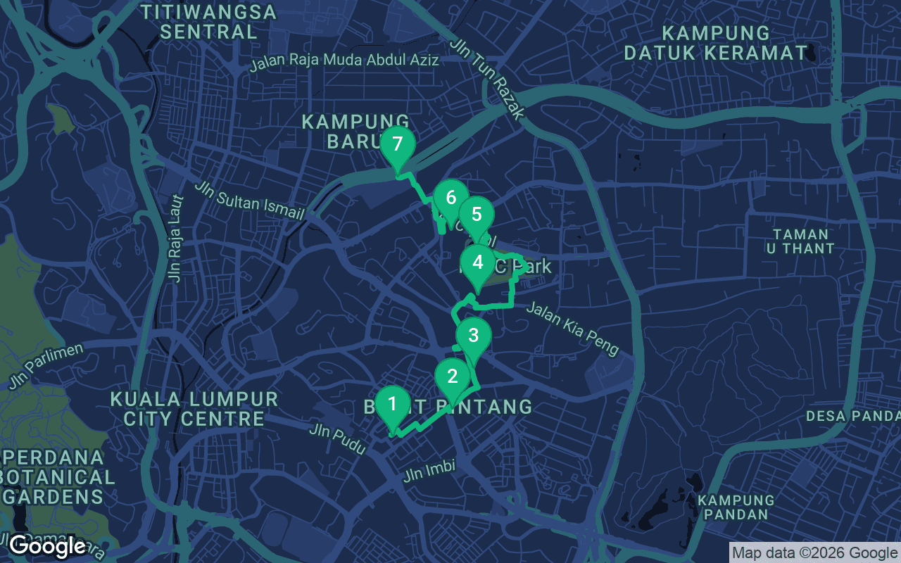 Karte der Spazierroute durch Kuala Lumpur, Malaysia