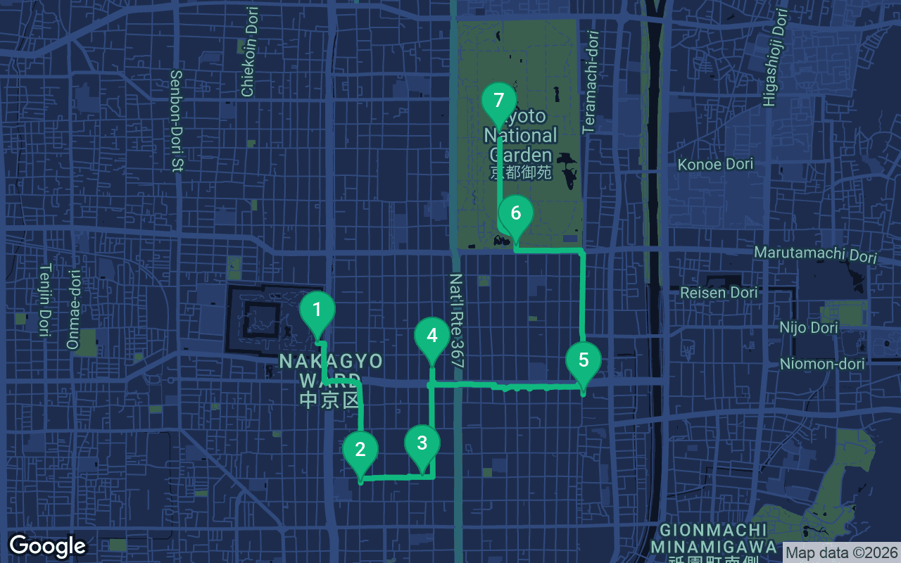 Map of the walking route through Kyoto, Japan