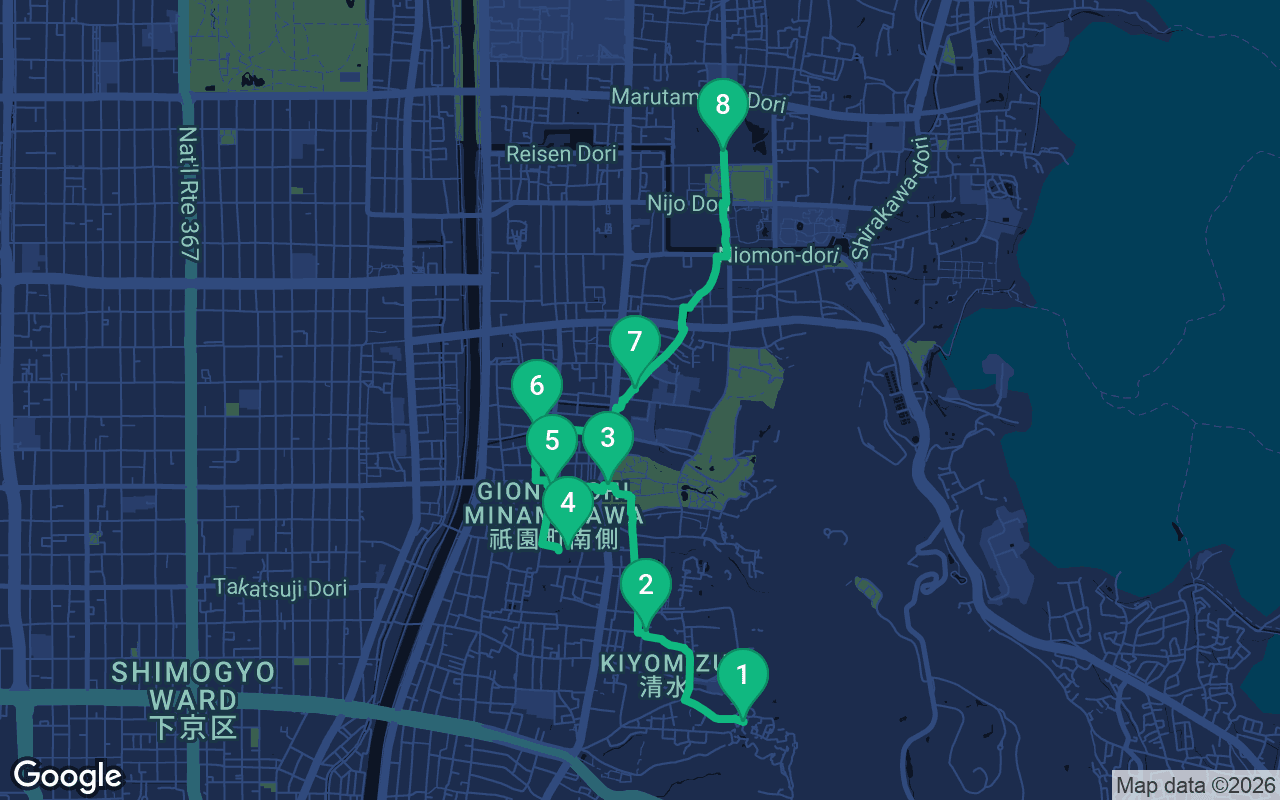 Map of the walking route through Kyoto, Japan