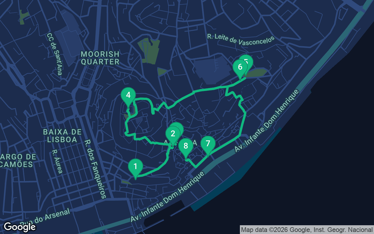 Map of the walking route through Lisbon, Portugal
