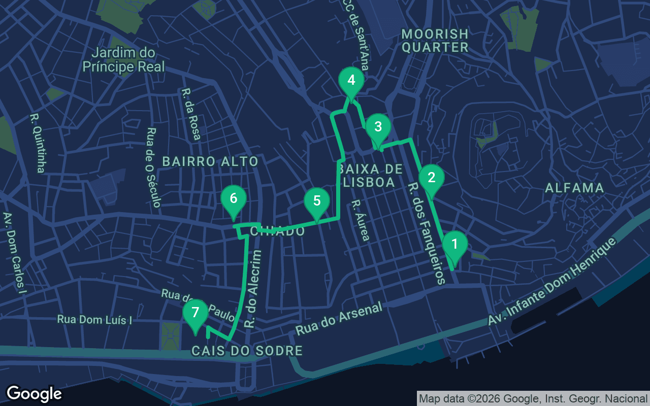 Map of the walking route through Lisbon, Portugal