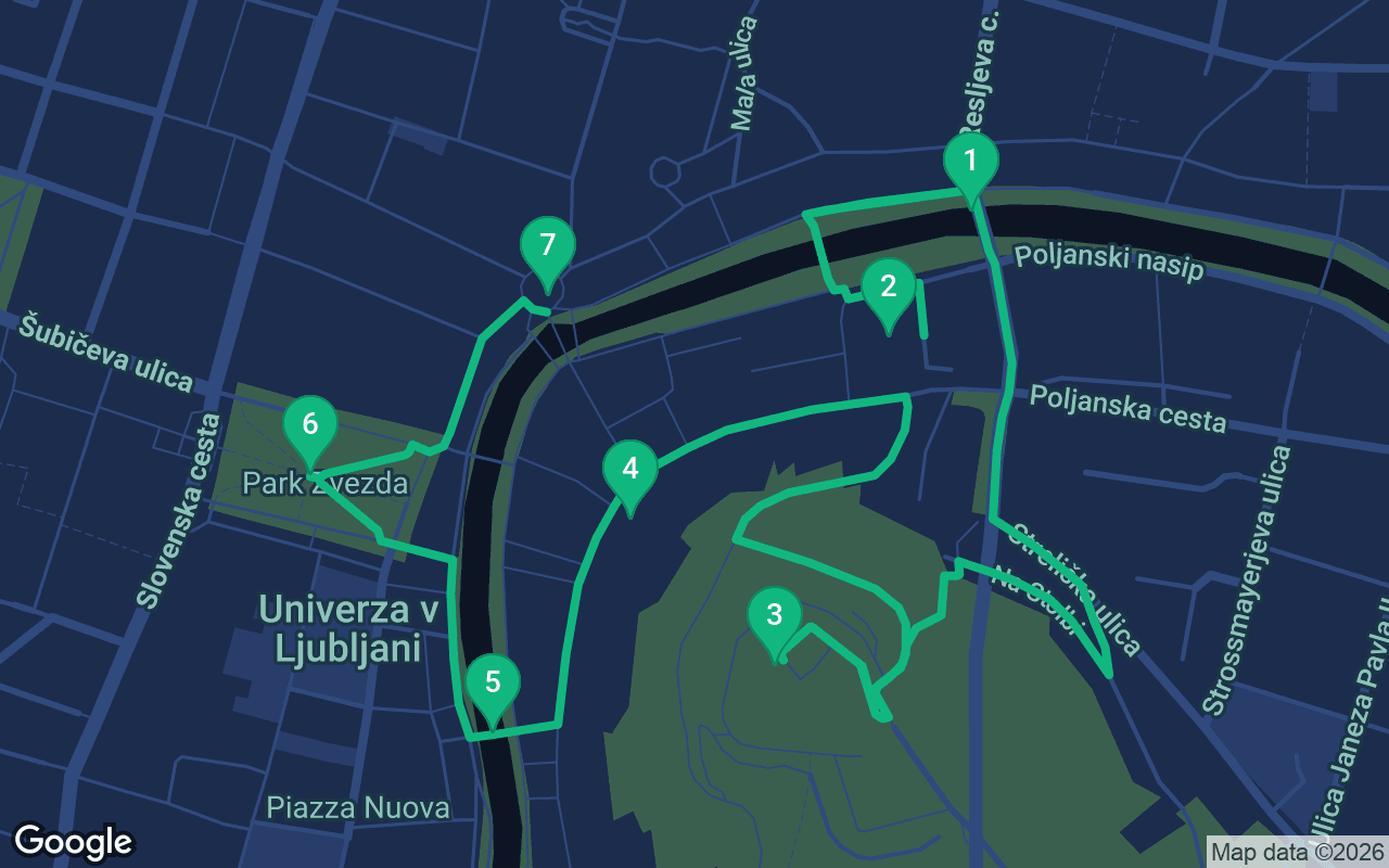 Map of the walking route through Ljubljana, Slovenia