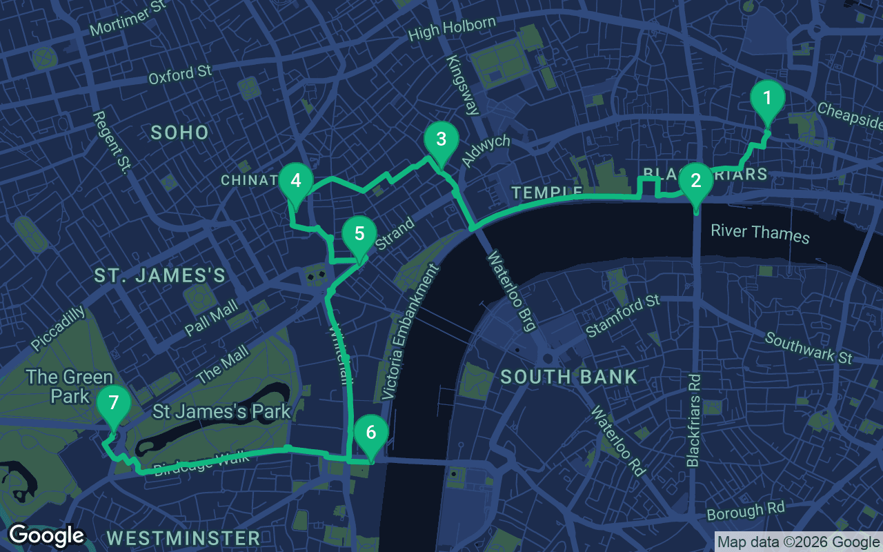 Map of the walking route through London, United Kingdom