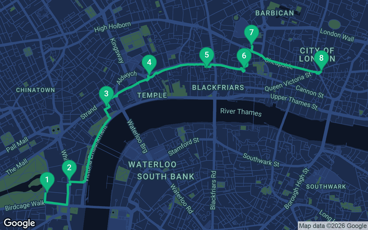Map of the walking route through London, United Kingdom