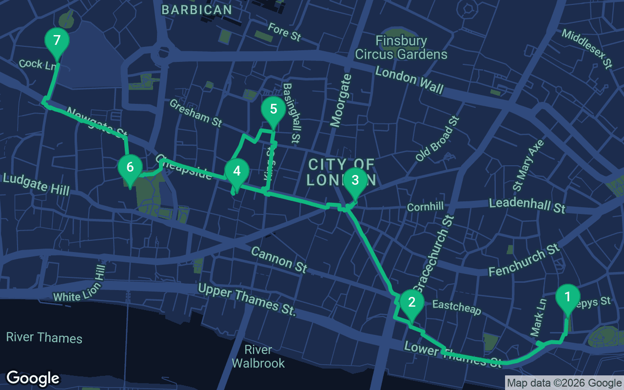 Map of the walking route through London, United Kingdom