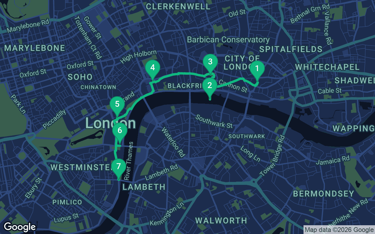 Map of the walking route through London, United Kingdom