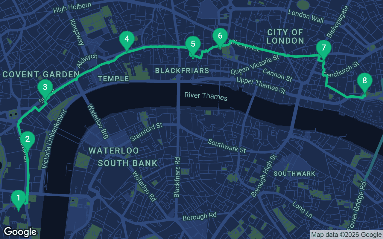 Map of the walking route through London, United Kingdom