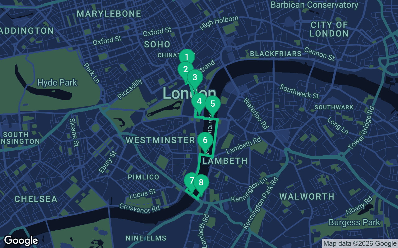 Map of the walking route through London, United Kingdom