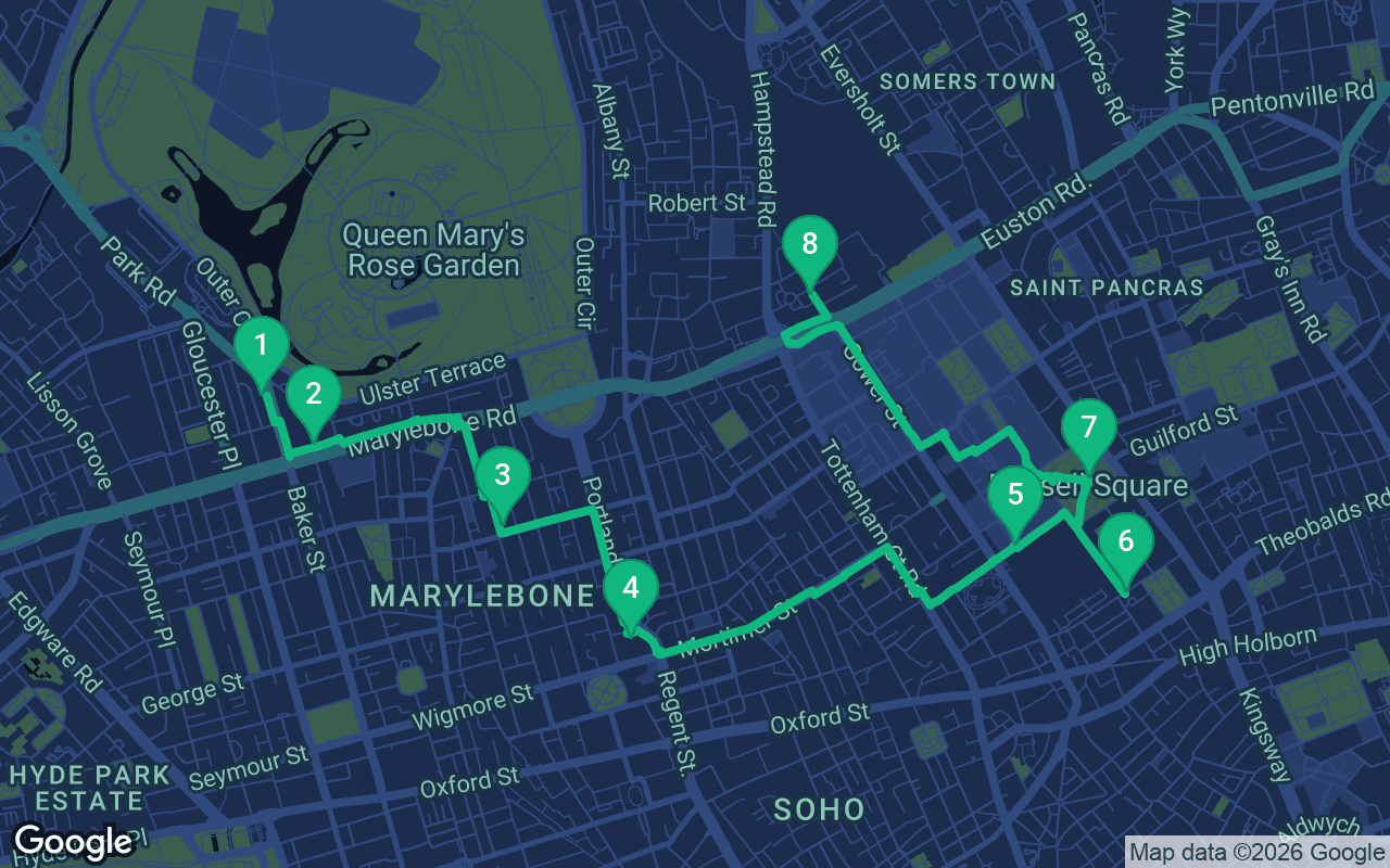 Map of the walking route through London, United Kingdom
