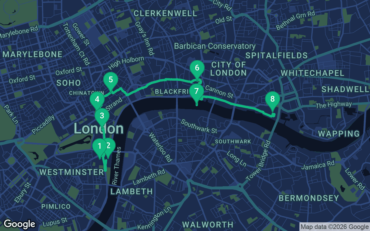 Map of the walking route through London, United Kingdom