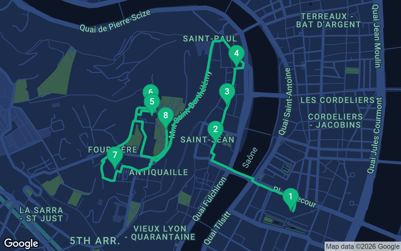 Map of the walking route through Lyon, France