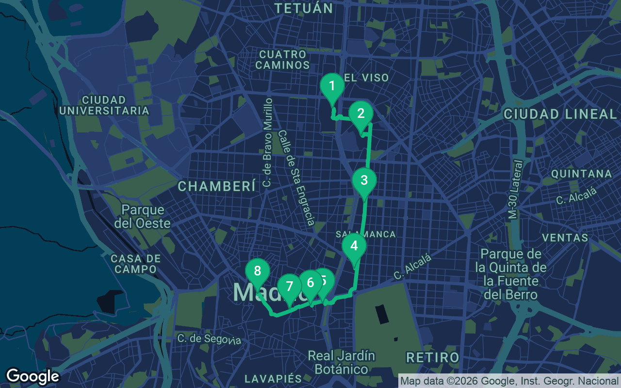 Map of the walking route through Madrid, Spain